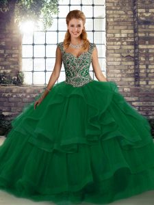 Delicate Green Lace Up Straps Beading and Ruffles 15 Quinceanera Dress Tulle Sleeveless