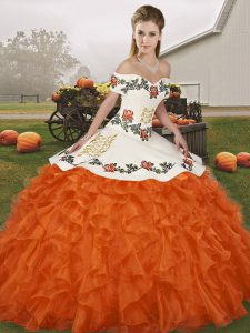 Artistic Orange Red Organza Lace Up Off The Shoulder Sleeveless Floor Length Quinceanera Dress Embroidery and Ruffles