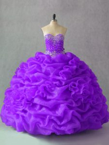 Charming Beading and Pick Ups and Hand Made Flower Sweet 16 Dress Purple Lace Up Sleeveless Floor Length