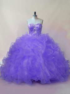 Cheap Lavender Lace Up Quinceanera Dresses Beading and Ruffles Sleeveless Floor Length