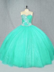 Best Turquoise Tulle Lace Up 15th Birthday Dress Sleeveless Floor Length Beading