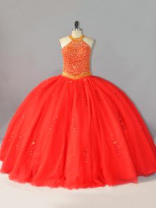 High Class Floor Length Coral Red Quinceanera Dresses Halter Top Sleeveless Lace Up