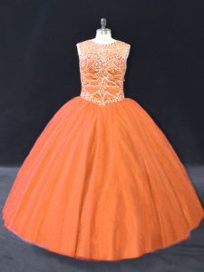 Pretty Sleeveless Tulle Floor Length Lace Up Sweet 16 Dress in Orange with Beading