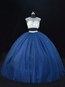 Navy Blue Scoop Lace Up Beading Quinceanera Gowns Sleeveless
