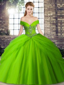 Off The Shoulder Sleeveless Tulle Quinceanera Gown Beading and Pick Ups Brush Train Lace Up