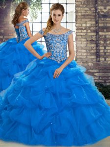 Admirable Blue Lace Up Off The Shoulder Beading and Pick Ups Quince Ball Gowns Tulle Sleeveless Brush Train