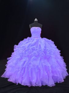 Simple Strapless Sleeveless Sweet 16 Quinceanera Dress Floor Length Beading and Ruffles Purple Organza