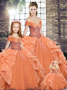 Hot Selling Orange Ball Gowns Organza Off The Shoulder Sleeveless Beading and Ruffles Floor Length Lace Up Vestidos de Quinceanera