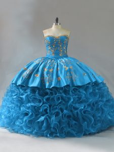 Blue Ball Gowns Fabric With Rolling Flowers Sweetheart Sleeveless Embroidery and Ruffles Lace Up Ball Gown Prom Dress Brush Train