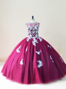 Fantastic Burgundy Ball Gowns Tulle Scoop Sleeveless Beading and Appliques Floor Length Lace Up Sweet 16 Quinceanera Dress