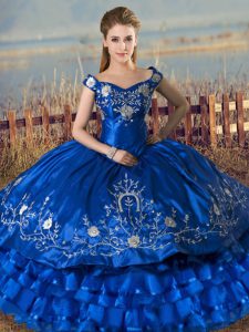 Attractive Royal Blue Off The Shoulder Neckline Embroidery and Ruffled Layers Quinceanera Gown Sleeveless Lace Up