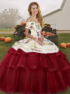 Stunning Wine Red Tulle Lace Up Vestidos de Quinceanera Sleeveless Brush Train Embroidery and Ruffled Layers