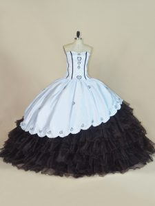 White And Black Satin and Organza Lace Up Sweetheart Sleeveless Floor Length Quince Ball Gowns Embroidery and Ruffled Layers