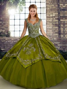 Custom Designed Straps Sleeveless Quinceanera Gowns Floor Length Beading and Embroidery Olive Green Tulle
