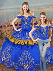 High Quality Floor Length Blue 15th Birthday Dress Off The Shoulder Sleeveless Lace Up
