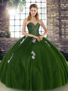Sexy Olive Green Sweetheart Neckline Beading and Appliques Quince Ball Gowns Sleeveless Lace Up