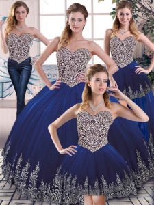 Royal Blue Lace Up Sweetheart Embroidery Quinceanera Gowns Tulle Sleeveless