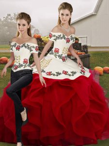 White And Red Quinceanera Dresses Military Ball and Sweet 16 and Quinceanera with Embroidery and Ruffles Off The Shoulder Sleeveless Lace Up