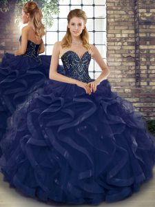 Navy Blue 15th Birthday Dress Military Ball and Sweet 16 and Quinceanera with Beading and Ruffles Sweetheart Sleeveless Lace Up