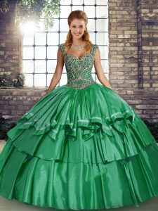 Sleeveless Taffeta Floor Length Lace Up Quinceanera Gowns in Green with Beading and Ruffled Layers