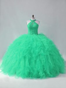 Wonderful Turquoise Tulle Lace Up Halter Top Sleeveless Sweet 16 Dresses Beading and Ruffles
