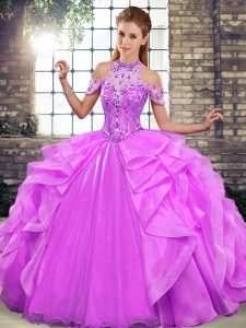 Modern Lilac Ball Gowns Organza Halter Top Sleeveless Beading and Ruffles Floor Length Lace Up Quinceanera Gowns