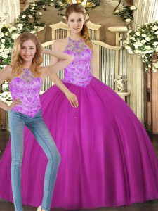 Luxury Floor Length Ball Gowns Sleeveless Fuchsia Vestidos de Quinceanera Lace Up