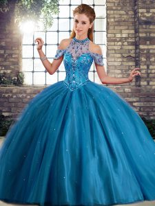Low Price Sleeveless Tulle Brush Train Lace Up Quinceanera Gowns in Blue with Beading