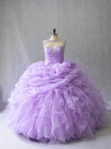 Exceptional Scoop Sleeveless Organza 15 Quinceanera Dress Beading and Ruffles Brush Train Lace Up