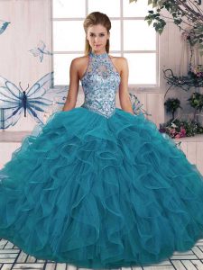 Charming Ball Gowns 15th Birthday Dress Teal Halter Top Tulle Sleeveless Floor Length Lace Up