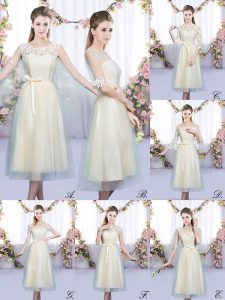 Champagne Sleeveless Lace and Belt Tea Length Court Dresses for Sweet 16