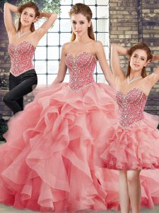 Custom Fit Watermelon Red Sweetheart Lace Up Beading and Ruffles Quinceanera Gowns Brush Train Sleeveless