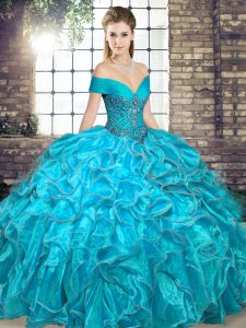 Clearance Floor Length Aqua Blue Quince Ball Gowns Off The Shoulder Sleeveless Lace Up