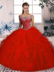 Red Tulle Lace Up Off The Shoulder Sleeveless Ball Gown Prom Dress Brush Train Beading and Ruffles