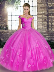 Lilac Tulle Lace Up Quinceanera Dress Sleeveless Floor Length Beading and Appliques