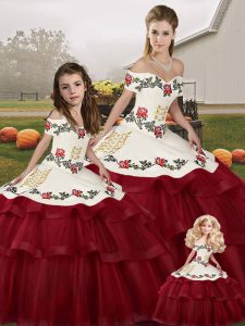 High Class Sleeveless Tulle Brush Train Lace Up Quince Ball Gowns in Wine Red with Embroidery and Ruffled Layers