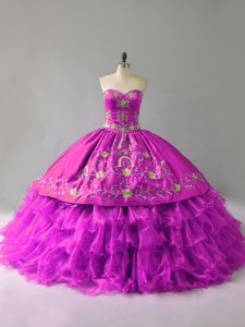 Glamorous Organza Sweetheart Sleeveless Lace Up Embroidery and Ruffles Vestidos de Quinceanera in Purple