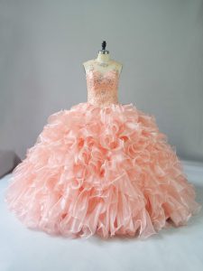 Scoop Sleeveless Lace Up Ball Gown Prom Dress Peach Organza