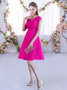 Hot Pink V-neck Lace Up Lace Dama Dress for Quinceanera Cap Sleeves