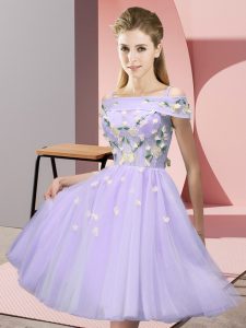 Pretty Lavender Off The Shoulder Lace Up Appliques Court Dresses for Sweet 16 Short Sleeves