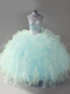 Sumptuous Halter Top Sleeveless Quinceanera Dress Floor Length Beading and Ruffles Light Blue Tulle