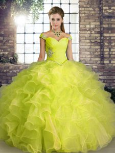 Chic Organza Off The Shoulder Sleeveless Lace Up Beading and Ruffles Quinceanera Dress in Yellow Green