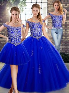 Sleeveless Tulle Floor Length Lace Up Quinceanera Dresses in Royal Blue with Beading