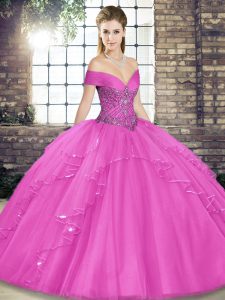 Lilac Ball Gowns Off The Shoulder Sleeveless Tulle Floor Length Lace Up Beading and Ruffles Sweet 16 Quinceanera Dress