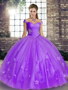 Fantastic Off The Shoulder Sleeveless Sweet 16 Dress Floor Length Beading and Appliques Lavender Tulle