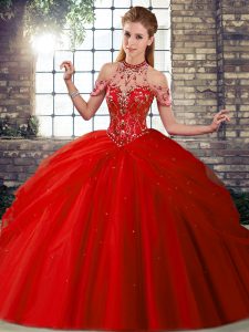 Red Ball Gowns Tulle Halter Top Sleeveless Beading and Pick Ups Lace Up Sweet 16 Dress Brush Train
