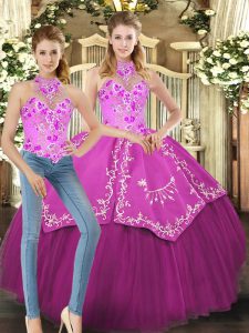 Hot Selling Floor Length Lace Up Vestidos de Quinceanera Fuchsia for Military Ball and Sweet 16 and Quinceanera with Embroidery