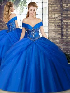 Royal Blue Sweet 16 Quinceanera Dress Military Ball and Sweet 16 and Quinceanera with Beading and Pick Ups Off The Shoulder Sleeveless Brush Train Lace Up