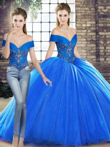 Royal Blue Ball Gown Prom Dress Off The Shoulder Sleeveless Brush Train Lace Up