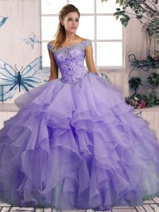 Fitting Lavender Lace Up Off The Shoulder Beading and Ruffles Quinceanera Gowns Organza Sleeveless